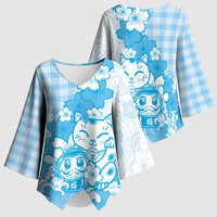 Blue Palaka Hawaiian And Japanese Kimono Sleeve Blouse Maneki Neko And Sakura Bloom