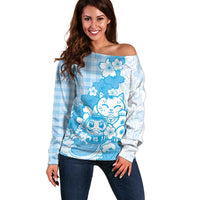 Blue Palaka Hawaiian And Japanese Off Shoulder Sweater Maneki Neko And Sakura Bloom