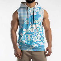 Blue Palaka Hawaiian And Japanese Sleeveless Hoodie Maneki Neko And Sakura Bloom