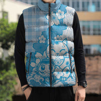 Blue Palaka Hawaiian And Japanese Sleeveless Puffer Jacket Maneki Neko And Sakura Bloom