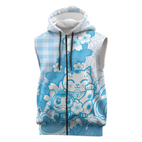 Blue Palaka Hawaiian And Japanese Sleeveless Zip Hoodie Maneki Neko And Sakura Bloom