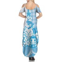 Blue Palaka Hawaiian And Japanese Summer Maxi Dress Maneki Neko And Sakura Bloom
