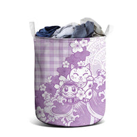 Purple Palaka Hawaiian And Japanese Laundry Basket Maneki Neko And Sakura Bloom