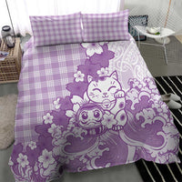 Purple Palaka Hawaiian And Japanese Bedding Set Maneki Neko And Sakura Bloom
