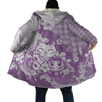 Purple Palaka Hawaiian And Japanese Cloak Maneki Neko And Sakura Bloom