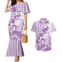 Purple Palaka Hawaiian And Japanese Couples Matching Mermaid Dress and Hawaiian Shirt Maneki Neko And Sakura Bloom DT05 Purple - Polynesian Pride
