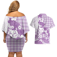 Purple Palaka Hawaiian And Japanese Couples Matching Off Shoulder Short Dress and Hawaiian Shirt Maneki Neko And Sakura Bloom DT05 - Polynesian Pride