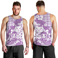 Purple Palaka Hawaiian And Japanese Men Tank Top Maneki Neko And Sakura Bloom