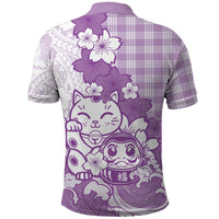 Purple Palaka Hawaiian And Japanese Polo Shirt Maneki Neko And Sakura Bloom