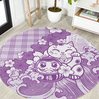 Purple Palaka Hawaiian And Japanese Round Carpet Maneki Neko And Sakura Bloom