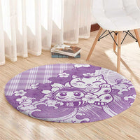 Purple Palaka Hawaiian And Japanese Round Carpet Maneki Neko And Sakura Bloom
