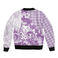 Purple Palaka Hawaiian And Japanese Sleeve Zip Bomber Jacket Maneki Neko And Sakura Bloom