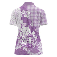 Purple Palaka Hawaiian And Japanese Women Polo Shirt Maneki Neko And Sakura Bloom