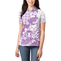 Purple Palaka Hawaiian And Japanese Women Polo Shirt Maneki Neko And Sakura Bloom