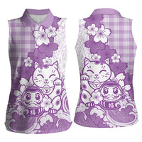 Purple Palaka Hawaiian And Japanese Women Sleeveless Polo Shirt Maneki Neko And Sakura Bloom