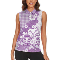 Purple Palaka Hawaiian And Japanese Women Sleeveless Polo Shirt Maneki Neko And Sakura Bloom