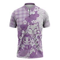 Purple Palaka Hawaiian And Japanese Zipper Polo Shirt Maneki Neko And Sakura Bloom