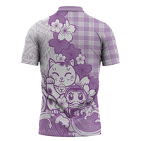Purple Palaka Hawaiian And Japanese Zipper Polo Shirt Maneki Neko And Sakura Bloom