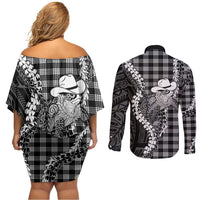 Black Hawaii Palaka Cowboy Turtle Couples Matching Off Shoulder Short Dress and Long Sleeve Button Shirt Hawaiian Paniolo Puakenikeni Maile Lei DT05 - Polynesian Pride