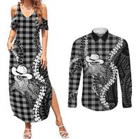 Black Hawaii Palaka Cowboy Turtle Couples Matching Summer Maxi Dress and Long Sleeve Button Shirt Hawaiian Paniolo Puakenikeni Maile Lei DT05 Black - Polynesian Pride