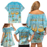 Custom Hawaii Surfing Family Matching Off Shoulder Short Dress and Hawaiian Shirt He'e Nalu