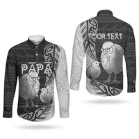 Personalised New Zealand Father's Day Couples Matching Short Sleeve Bodycon Dress and Long Sleeve Button Shirt Papa Kiwi Bird Tribal Pattern DT05 - Polynesian Pride