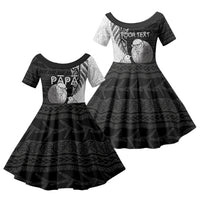 Personalised New Zealand Father's Day Family Matching Off Shoulder Maxi Dress and Hawaiian Shirt Papa Kiwi Bird Tribal Pattern DT05 Daughter's Dress Black - Polynesian Pride