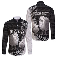 Personalised New Zealand Father's Day Family Matching Tank Maxi Dress and Hawaiian Shirt Papa Kiwi Bird Tribal Pattern DT05 Dad's Shirt - Long Sleeve Black - Polynesian Pride