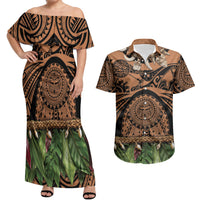 Polynesia Maui Tattoo Inspired Couples Matching Off Shoulder Maxi Dress and Hawaiian Shirt Tropical Leaf Skirt Costume