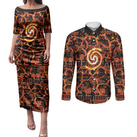 Polynesia Lava Monster Cosplay Couples Matching Puletasi and Long Sleeve Button Shirt Fiery Glowing Volcano Crack Pattern