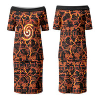 Polynesia Lava Monster Cosplay Couples Matching Puletasi and Long Sleeve Button Shirt Fiery Glowing Volcano Crack Pattern