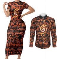 Polynesia Lava Monster Cosplay Couples Matching Short Sleeve Bodycon Dress and Long Sleeve Button Shirt Fiery Glowing Volcano Crack Pattern
