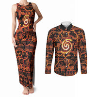 Polynesia Lava Monster Cosplay Couples Matching Tank Maxi Dress and Long Sleeve Button Shirt Fiery Glowing Volcano Crack Pattern
