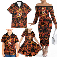 Polynesia Lava Monster Cosplay Family Matching Off The Shoulder Long Sleeve Dress and Hawaiian Shirt Fiery Glowing Volcano Crack Pattern