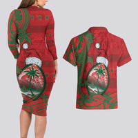 Guam Christmas Couples Matching Long Sleeve Bodycon Dress and Hawaiian Shirt Chamorro Seal Hat Santa Tribal Waves - Polynesian Pride