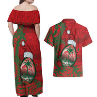 Guam Christmas Couples Matching Off Shoulder Maxi Dress and Hawaiian Shirt Chamorro Seal Hat Santa Tribal Waves - Polynesian Pride