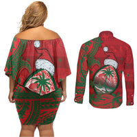 Guam Christmas Couples Matching Off Shoulder Short Dress and Long Sleeve Button Shirt Chamorro Seal Hat Santa Tribal Waves - Polynesian Pride