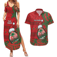 Guam Christmas Couples Matching Summer Maxi Dress and Hawaiian Shirt Chamorro Seal Hat Santa Tribal Waves - Polynesian Pride