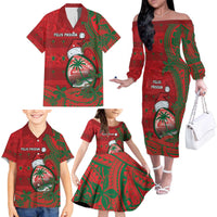 Guam Christmas Family Matching Off The Shoulder Long Sleeve Dress and Hawaiian Shirt Chamorro Seal Hat Santa Tribal Waves - Polynesian Pride