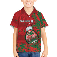 Guam Christmas Family Matching Off The Shoulder Long Sleeve Dress and Hawaiian Shirt Chamorro Seal Hat Santa Tribal Waves DT05 Son's Shirt Red - Polynesian Pride