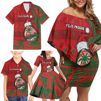 Guam Christmas Family Matching Off Shoulder Short Dress and Hawaiian Shirt Chamorro Seal Hat Santa Tribal Waves DT05 - Polynesian Pride