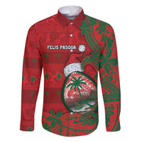 Guam Christmas Family Matching Off Shoulder Short Dress and Hawaiian Shirt Chamorro Seal Hat Santa Tribal Waves DT05 Dad's Shirt - Long Sleeve Red - Polynesian Pride