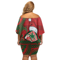 Guam Christmas Family Matching Off Shoulder Short Dress and Hawaiian Shirt Chamorro Seal Hat Santa Tribal Waves DT05 - Polynesian Pride