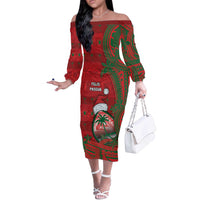 Guam Christmas Off The Shoulder Long Sleeve Dress Chamorro Seal Hat Santa Tribal Waves - Polynesian Pride