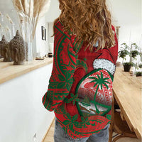 Guam Christmas Women Casual Shirt Chamorro Seal Hat Santa Tribal Waves - Polynesian Pride