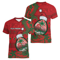 Guam Christmas Women V-Neck T-Shirt Chamorro Seal Hat Santa Tribal Waves - Polynesian Pride