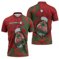 Guam Christmas Zipper Polo Shirt Chamorro Seal Hat Santa Tribal Waves - Polynesian Pride