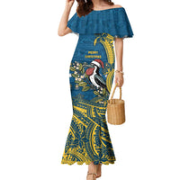 Nauru Christmas Family Matching Mermaid Dress and Hawaiian Shirt Frigatebird Bird Santa Tribal Waves DT05 Mom's Dress Deep Blue - Polynesian Pride