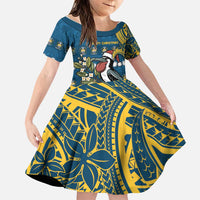 Nauru Christmas Family Matching Off The Shoulder Long Sleeve Dress and Hawaiian Shirt Frigatebird Bird Santa Tribal Waves DT05 Daughter's Dress Deep Blue - Polynesian Pride