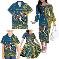 Nauru Christmas Family Matching Off The Shoulder Long Sleeve Dress and Hawaiian Shirt Frigatebird Bird Santa Tribal Waves DT05 - Polynesian Pride